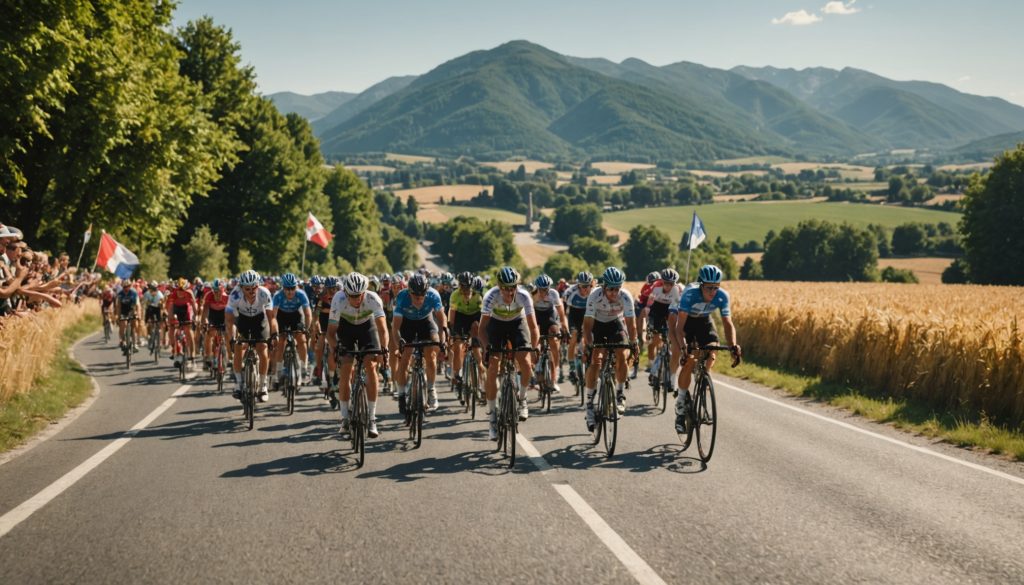 Peloton du Tour de France 2026 sur route française ensoleillée