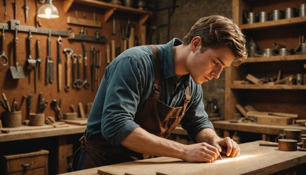 Jeune apprenti artisan travaillant le bois aux côtés d'un artisan expérimenté