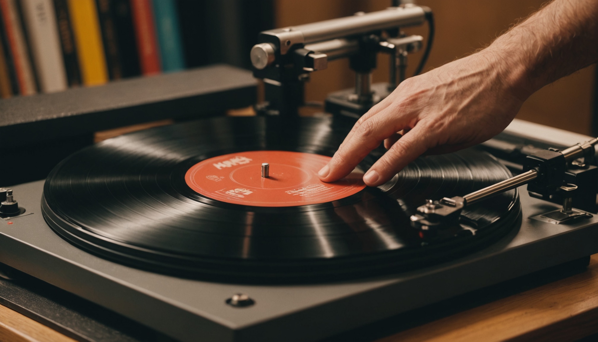 Disque vinyle posé sur une platine tourne-disque dans un magasin de disques ambiance chaleureuse