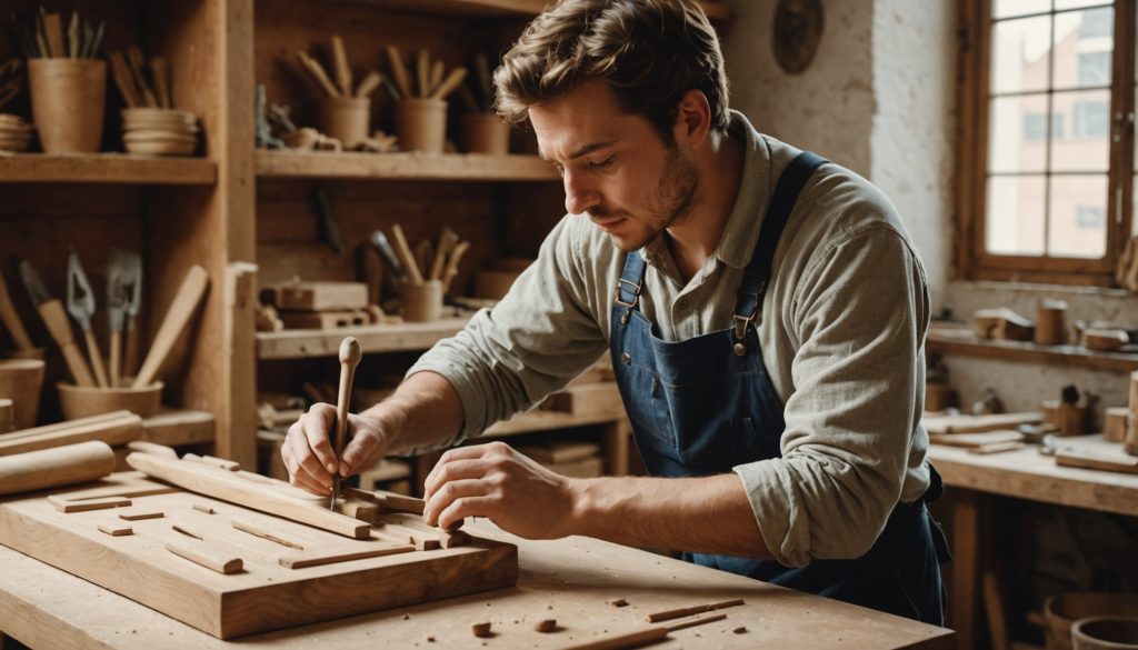 Artisan façonnant une pièce en bois dans un atelier lumineux