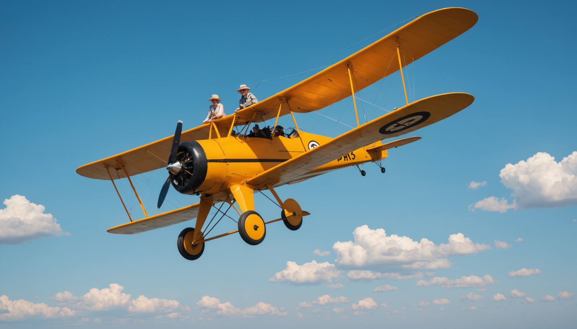 Femme âgée en équilibre sur l'aile d'un biplan en plein vol, record du monde de wing walking