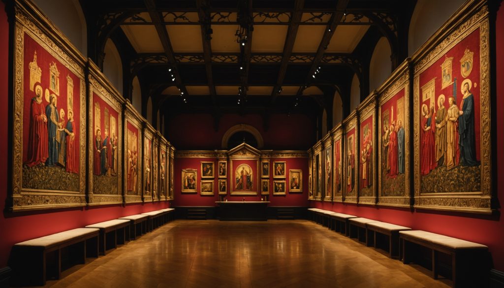 Grande salle d'exposition muséale à Londres accueillant la tapisserie de Bayeux