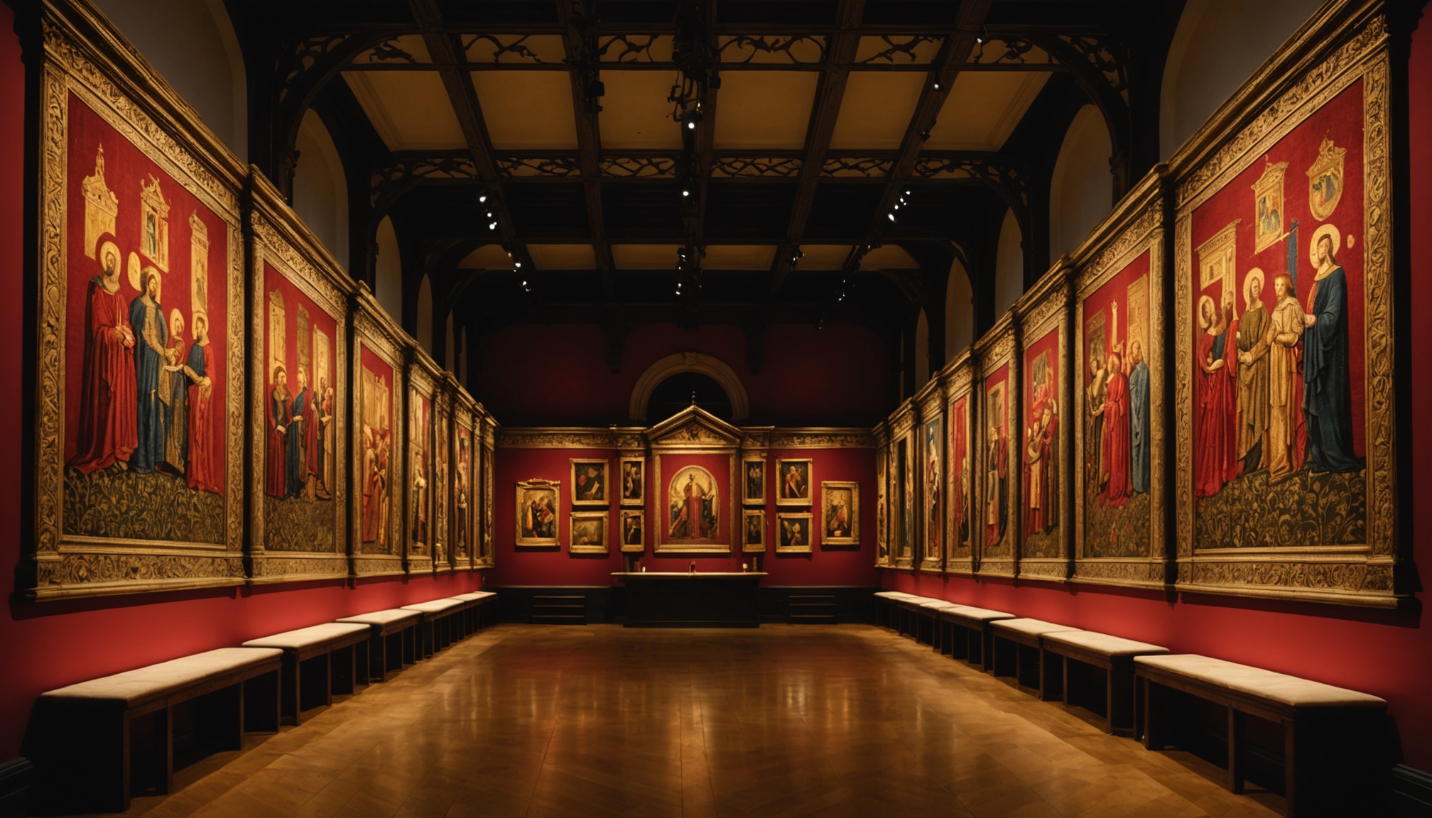 Grande salle d'exposition muséale à Londres accueillant la tapisserie de Bayeux