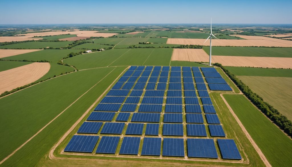 Champ de panneaux solaires et éolienne, énergies renouvelables France