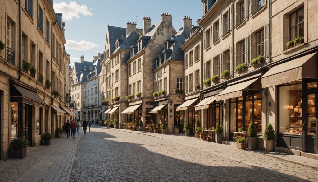 Rue commerçante animée en centre-ville avec boutiques indépendantes, illustration de la vacance commerciale en France