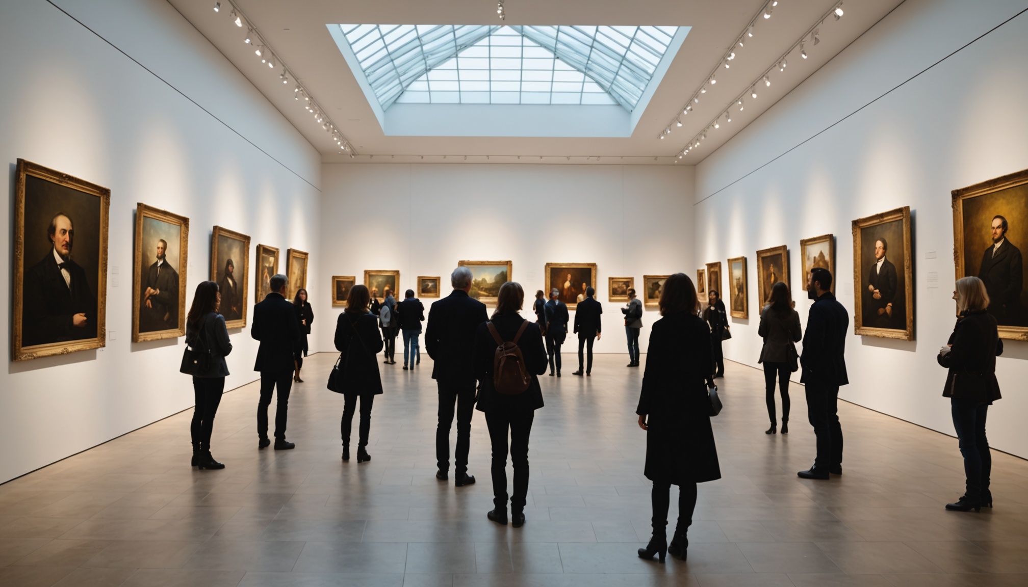 Galerie de musée d'art moderne avec grandes peintures figuratives exposées