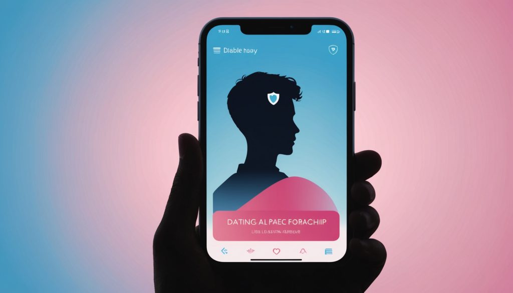 Smartphone affichant un profil d'application de rencontre avec icône d'alerte de sécurité, illustration des arnaques sentimentales