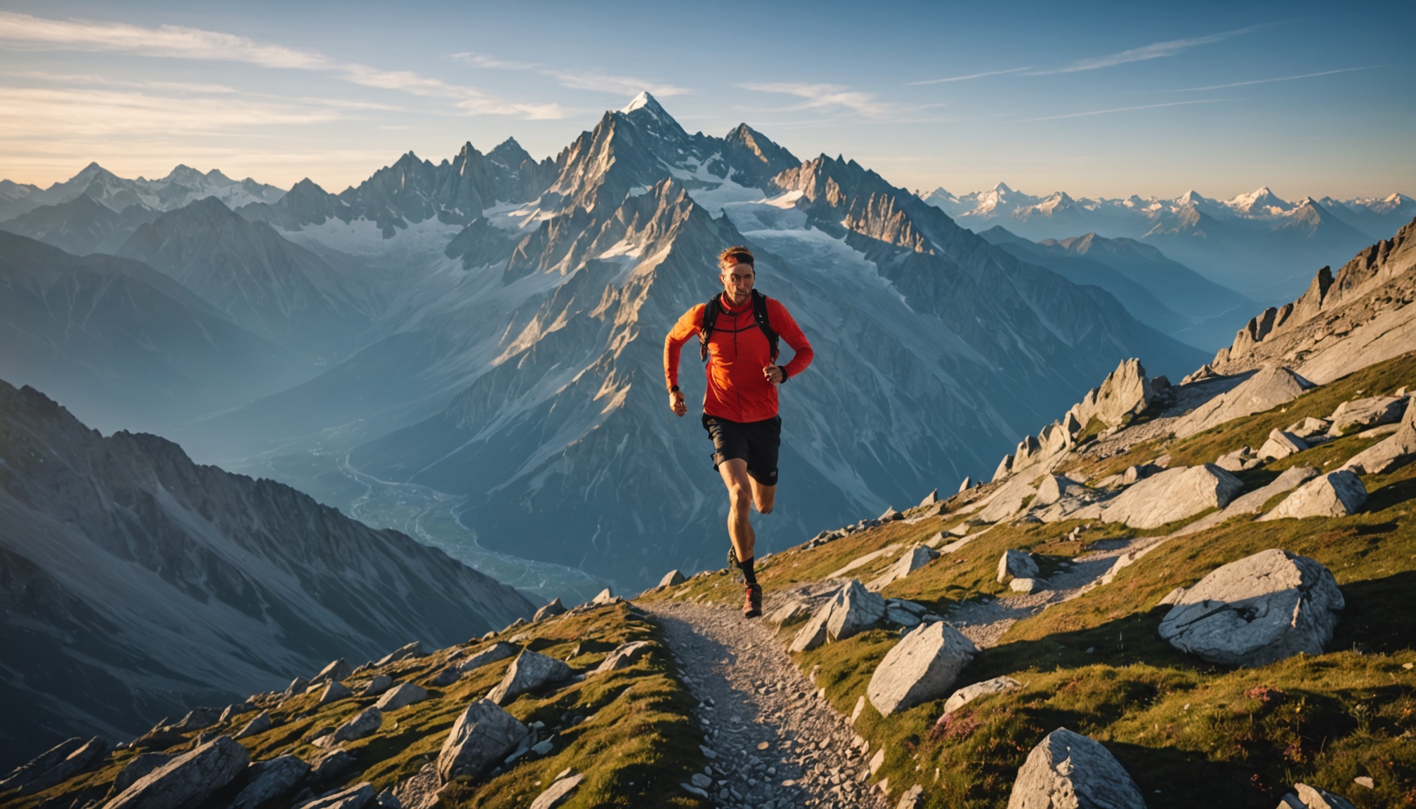 Coureur d'ultra-trail sur une crete rocheuse pres du Mont-Blanc au lever du soleil