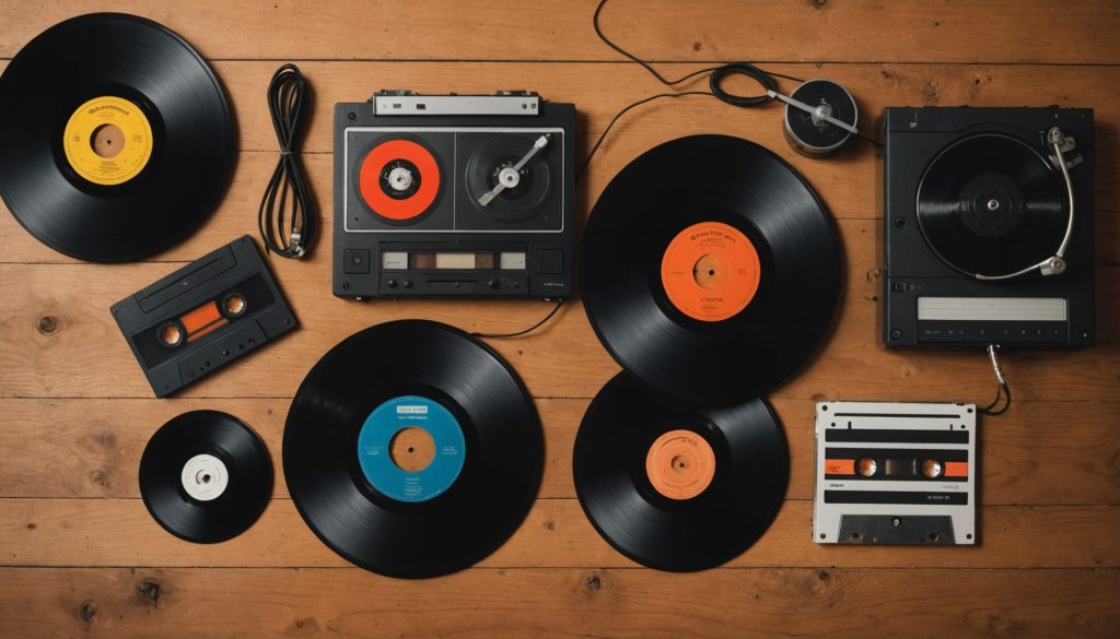 Un vinyle, un CD et une cassette posés sur une table en bois près d'une platine