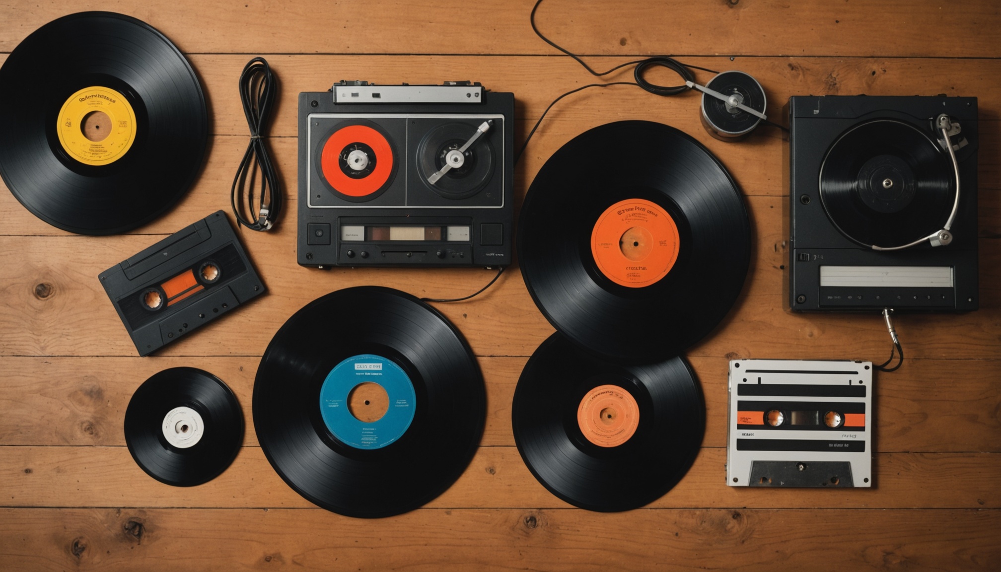 Un vinyle, un CD et une cassette posés sur une table en bois près d'une platine