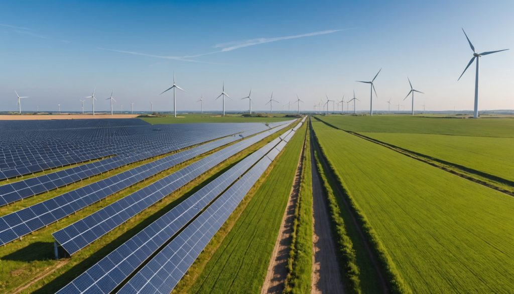 Champ d'éoliennes et de panneaux solaires sous un ciel européen, illustrant la transition énergétique