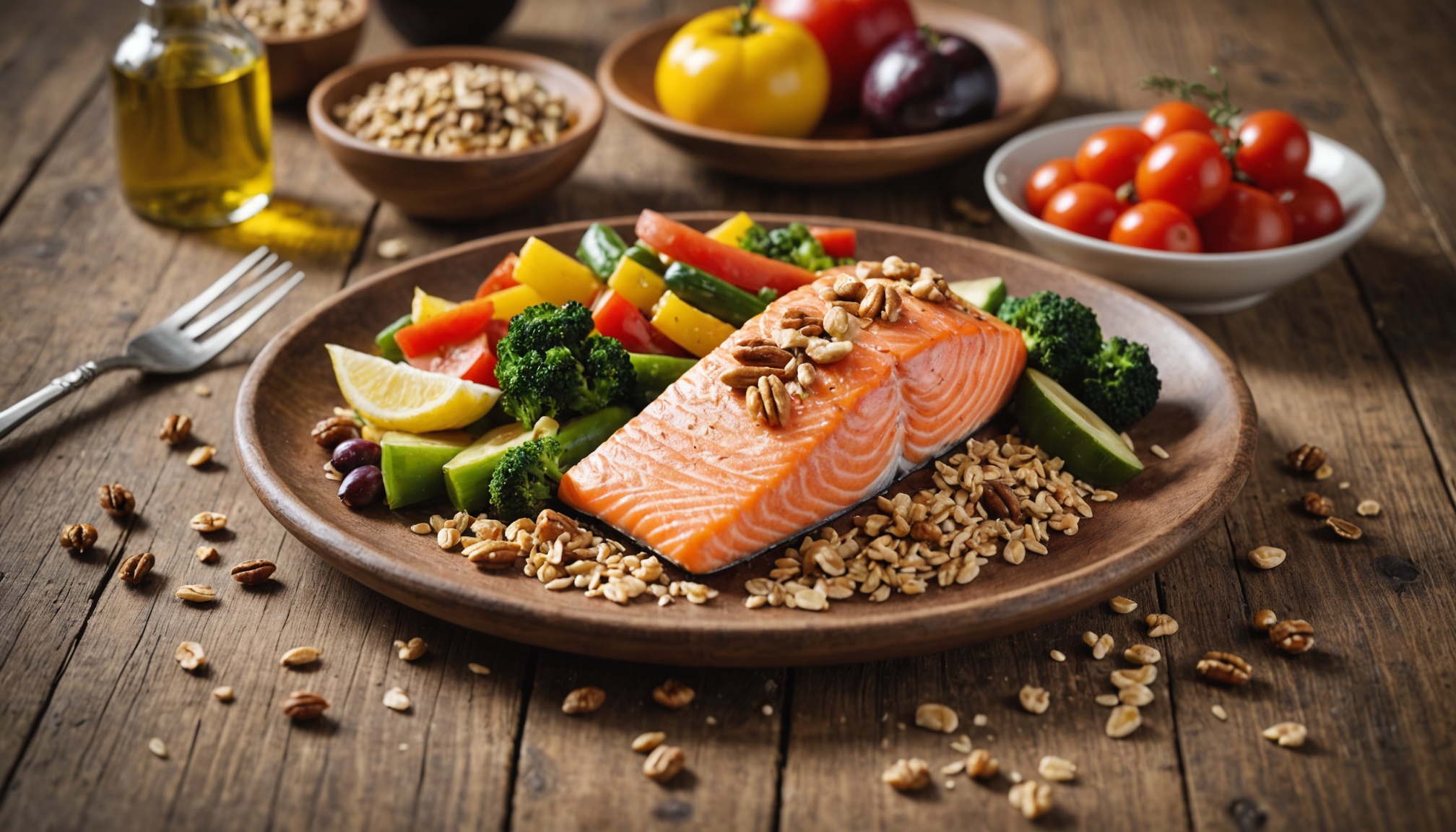 Aliments bons pour le cholestérol : poisson, légumes, fruits secs et huile d'olive
