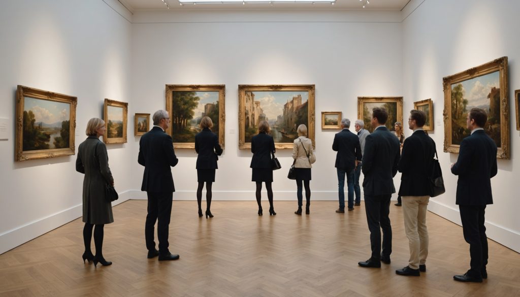 Intérieur d'une galerie d'art avec tableaux exposés et visiteurs, ambiance salle des ventes