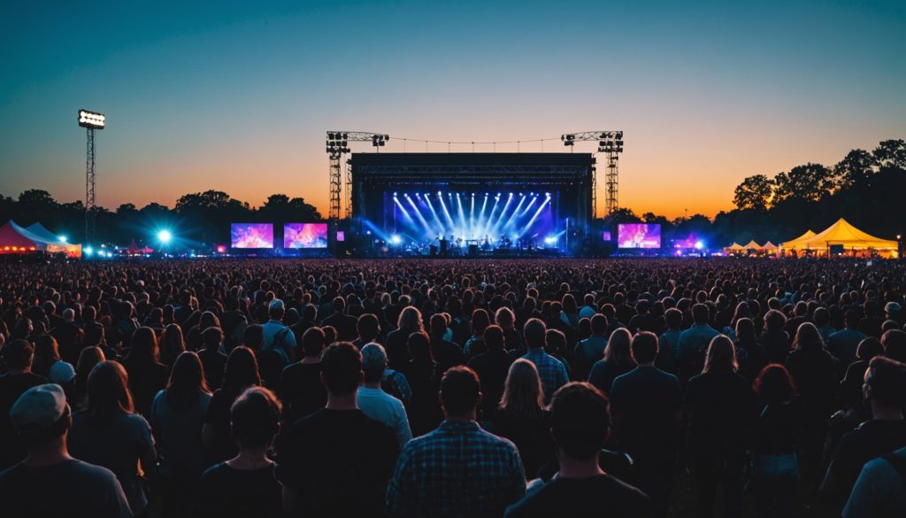 Festival de musique en plein air avec foule et lumières de scène