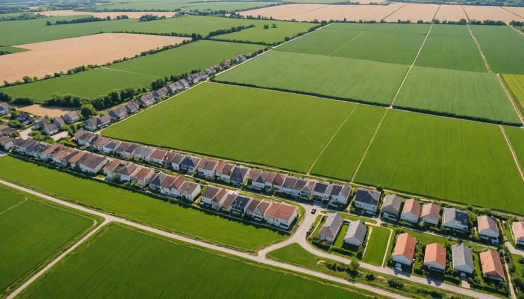 Vue aérienne de champs agricoles français en bordure d'une zone urbanisée