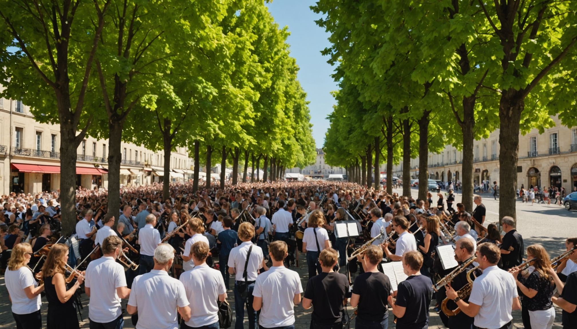 Foule de clarinettistes jouant ensemble en plein air à Châtellerault