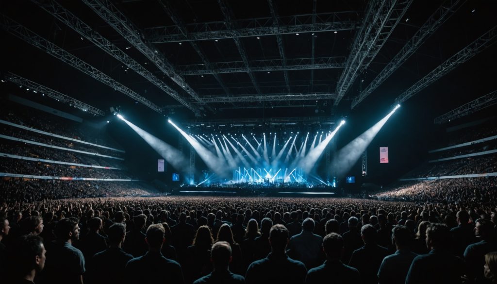 Arène de concert géante illuminée avec une foule immense devant une scène