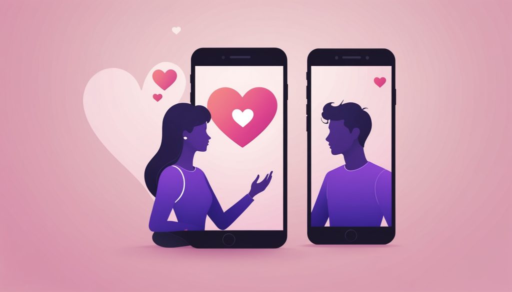 Illustration de deux écrans de téléphone avec des silhouettes de profils reliées par un cœur, symbole des applications de rencontre
