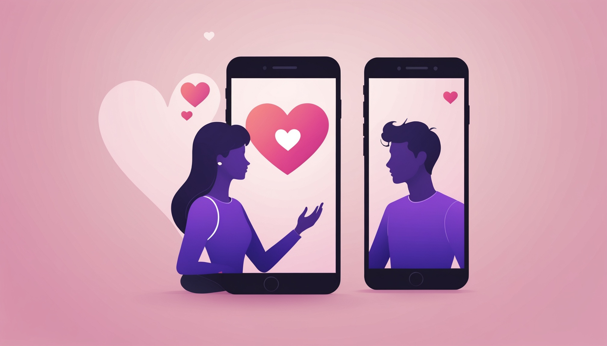 Illustration de deux écrans de téléphone avec des silhouettes de profils reliées par un cœur, symbole des applications de rencontre