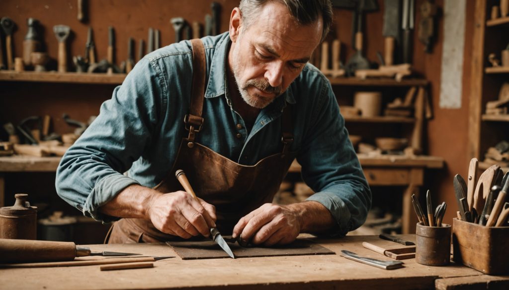 Artisan français travaillant le cuir dans un atelier lumineux, illustration générée par IA